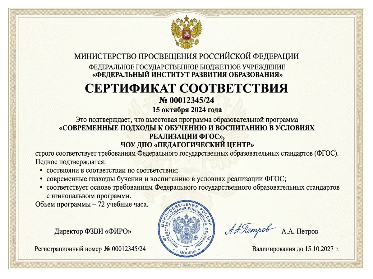 Свидетельство о соответствии программ обучения требованиям ФГОС, документ с гербом и печатью на официальном бланке Министерства просвещения